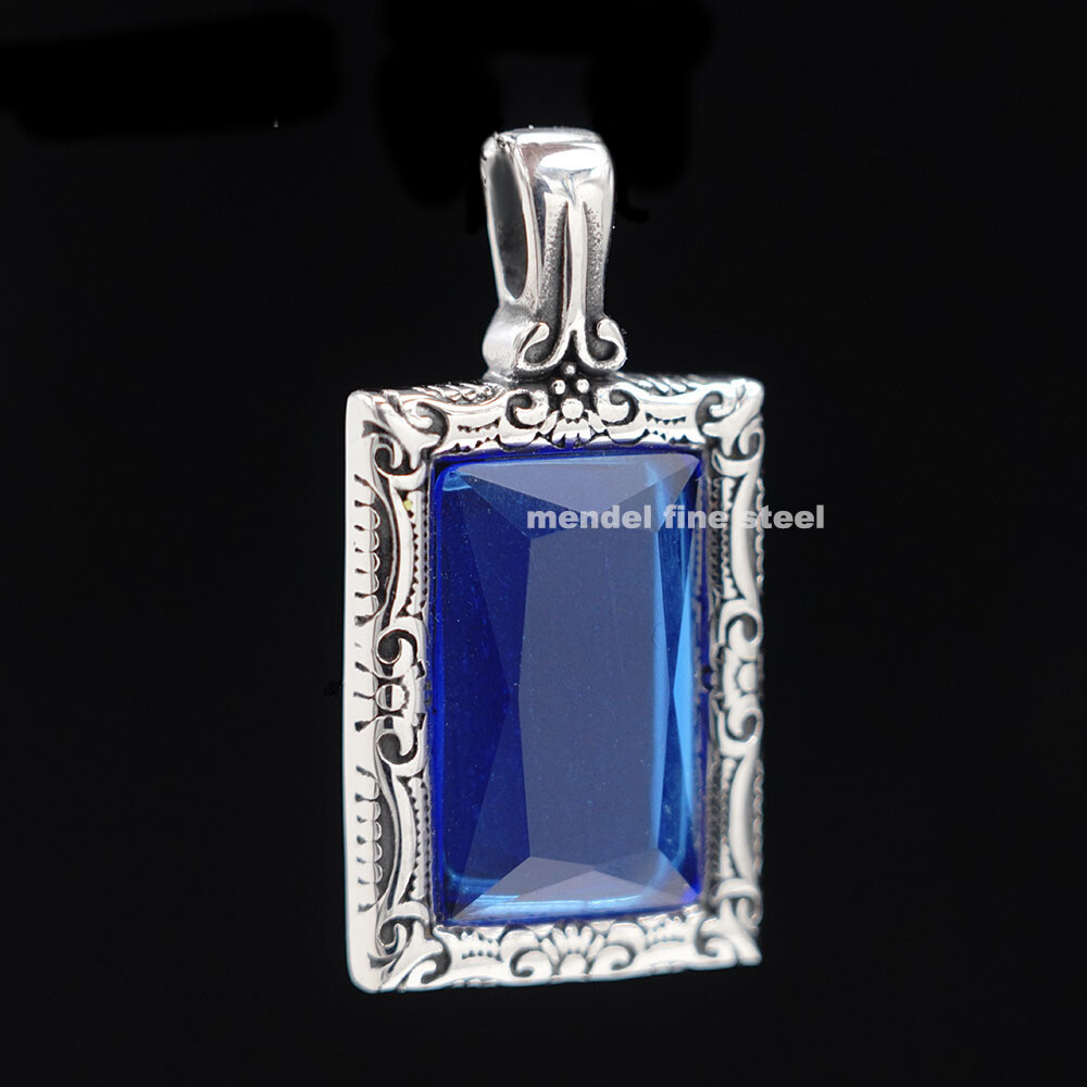 MENDEL Cool Mens Hip Hop Blue CZ Stone Pendant Necklace For Men Stainless Steel