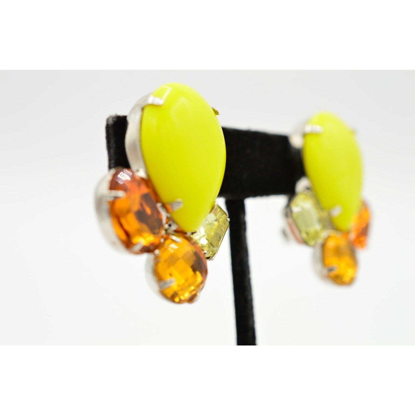 Vintage Crystal Cabochon Clip On Earrings Bezel Prong Neon Yellow Orange 80s W5