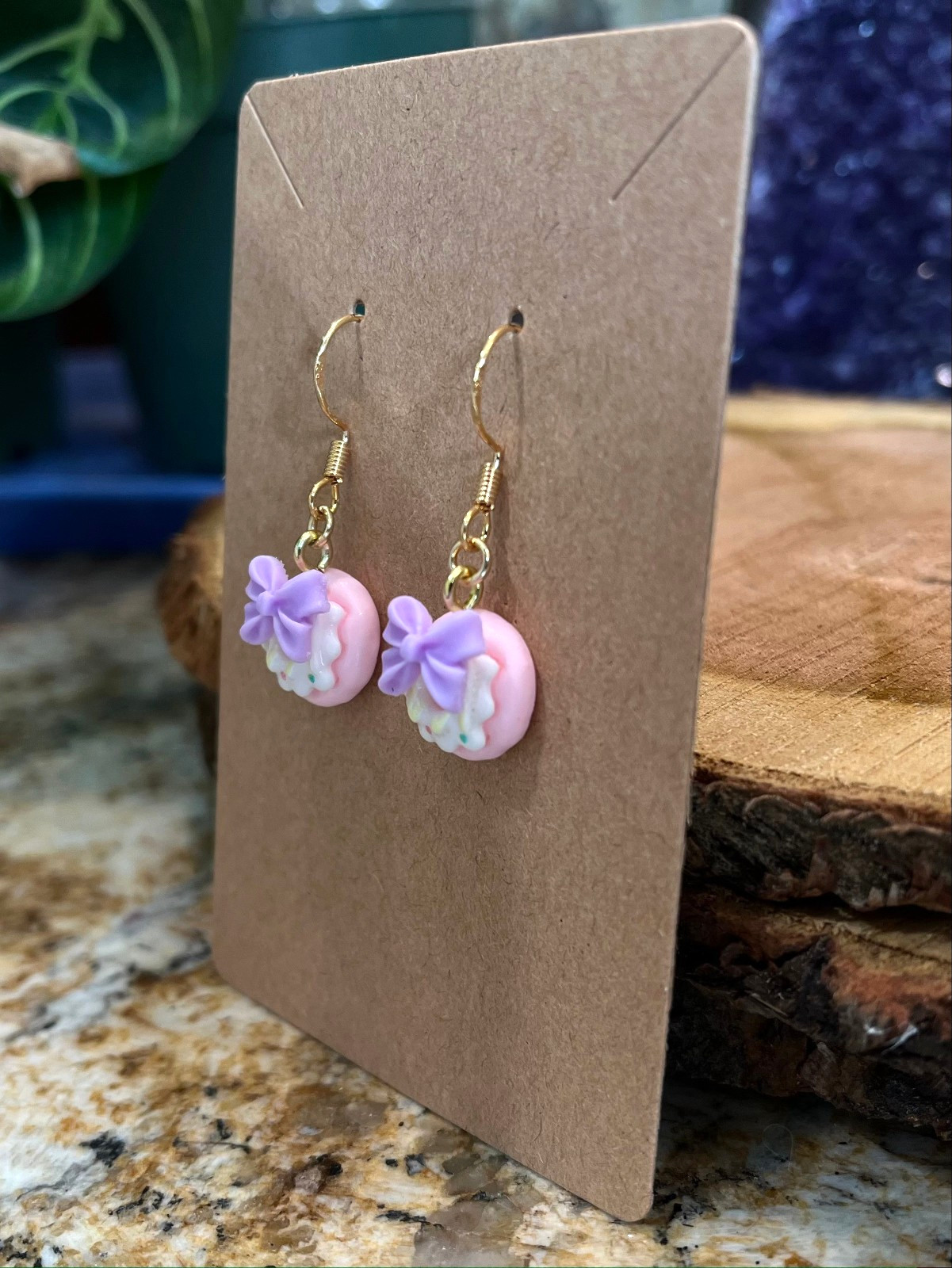 18K Gold Plated Bow Donut Doughnut Dessert Pink Purple Cute Handmade Earrings
