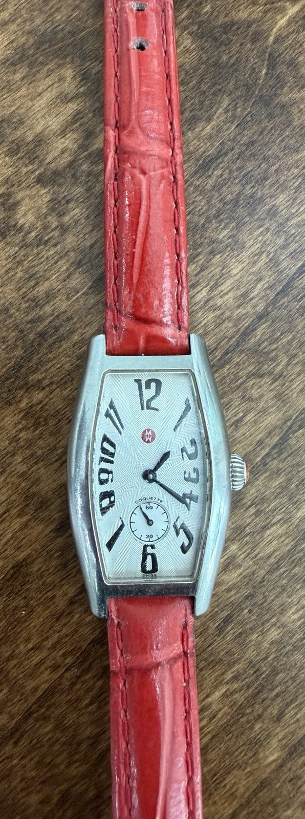 Michele Coquette Swiss Quartz Watch Stainless Steel Red Leather Strap Running