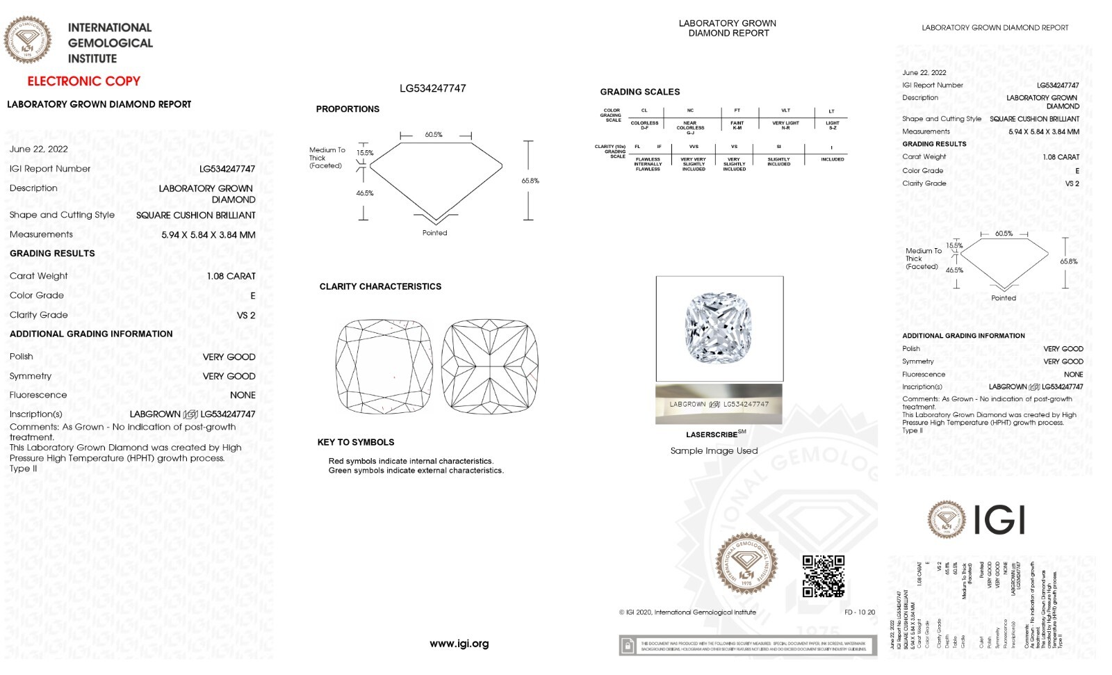 1.08 Cts CUSHION Cut IGI Certified Lab Grown CVD Diamond E Color VS2 Clarity