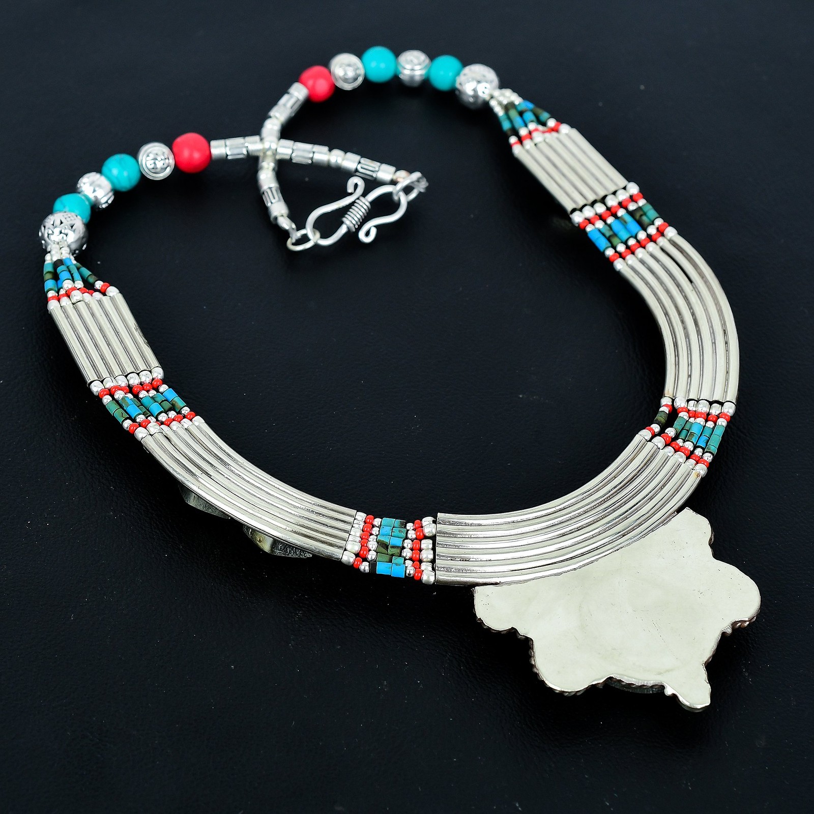 Turquoise Red Coral Ethnic 925 Sterling Silver Tibetan Nepali Necklace 18″ PG80