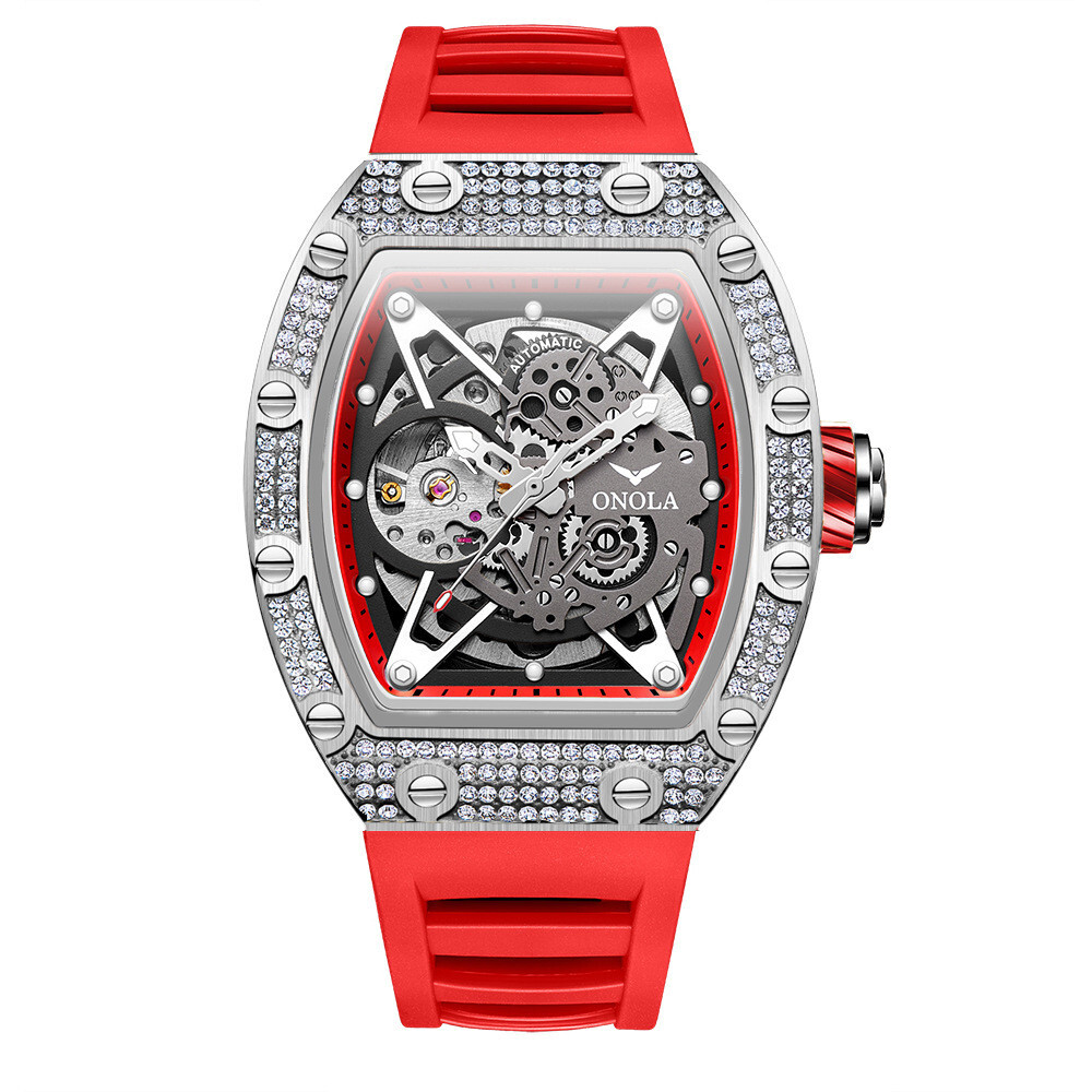 ONOLA Luxury Men’s Automatic Skeleton Watch Diamond-Studded Bezel Rubber Strap