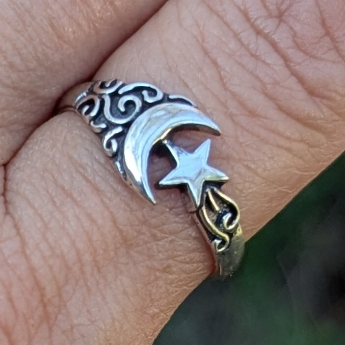 Sterling Silver 925 Sailor Crescent Moon & Star Ring Size 5.75, 7, 8, 8.5, 9.5