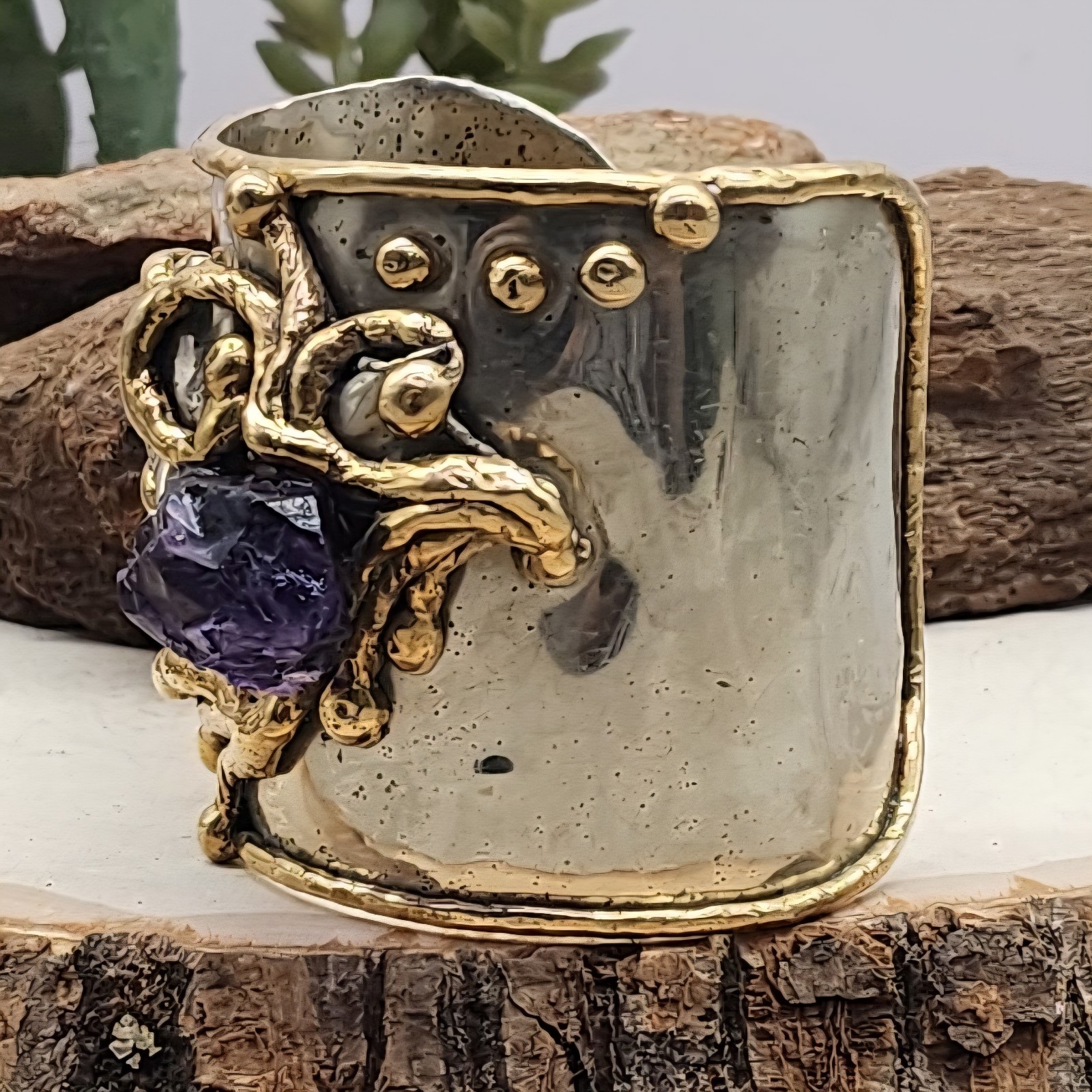 Copa Collection Brutalist Chunky Mixed Metal Raw Amethyst Sz6 3″ Wide Cuff 93g