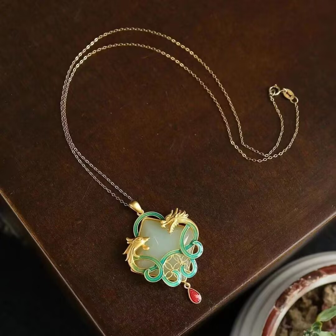 Jade Dragon Phoenix Shape Pendant Jewelry 18K Gold Plated Necklace 450mm Gift US