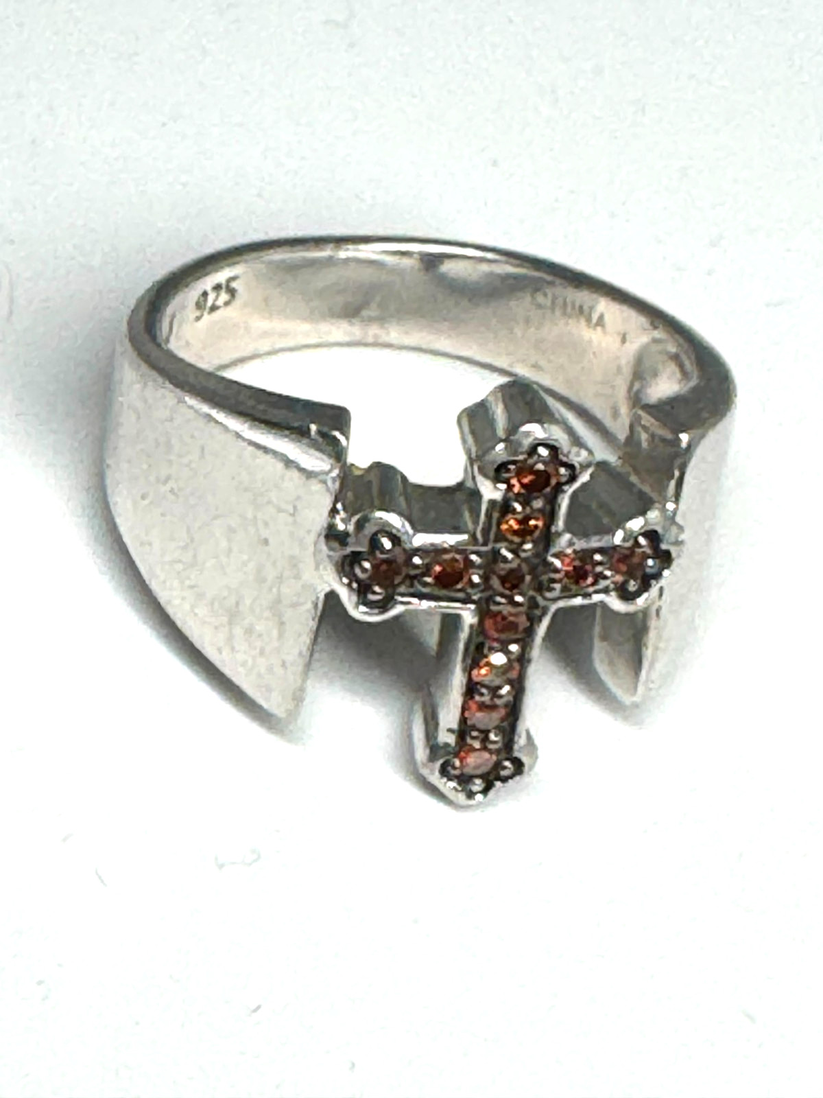 Sterling Silver 925 Cross Ring Unisex Sz7 Red Burgundy Diamond Accent Wide Band