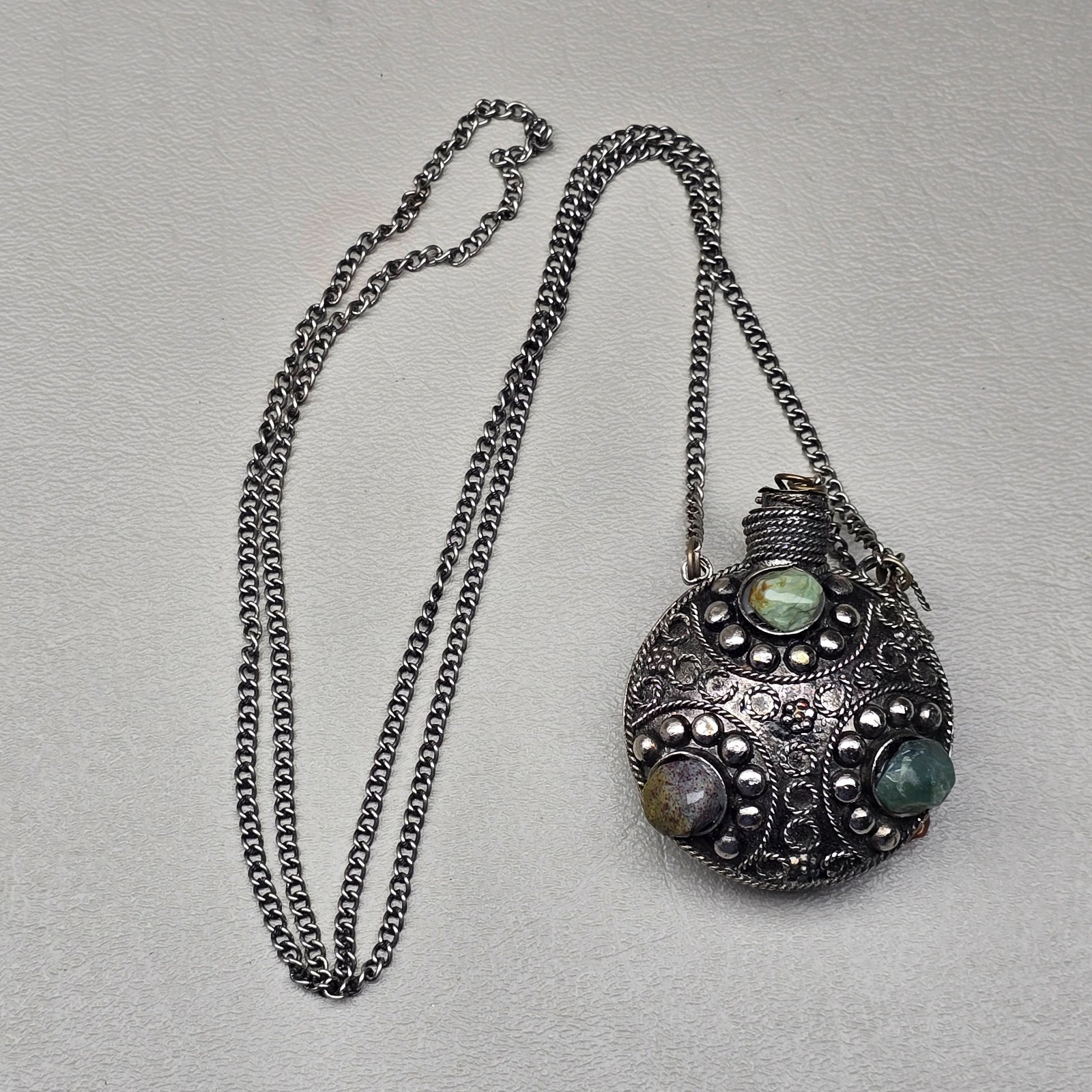 Vintage Perfume Bottle Necklace Filigree Statement Silver Tone 30in READ