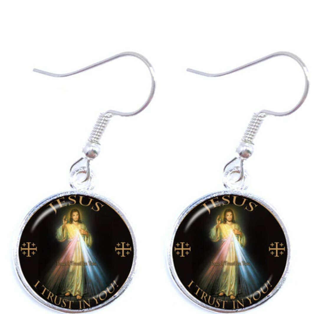 Alloy Divine Mercy 16mm Glass Photo Pendant Earrings