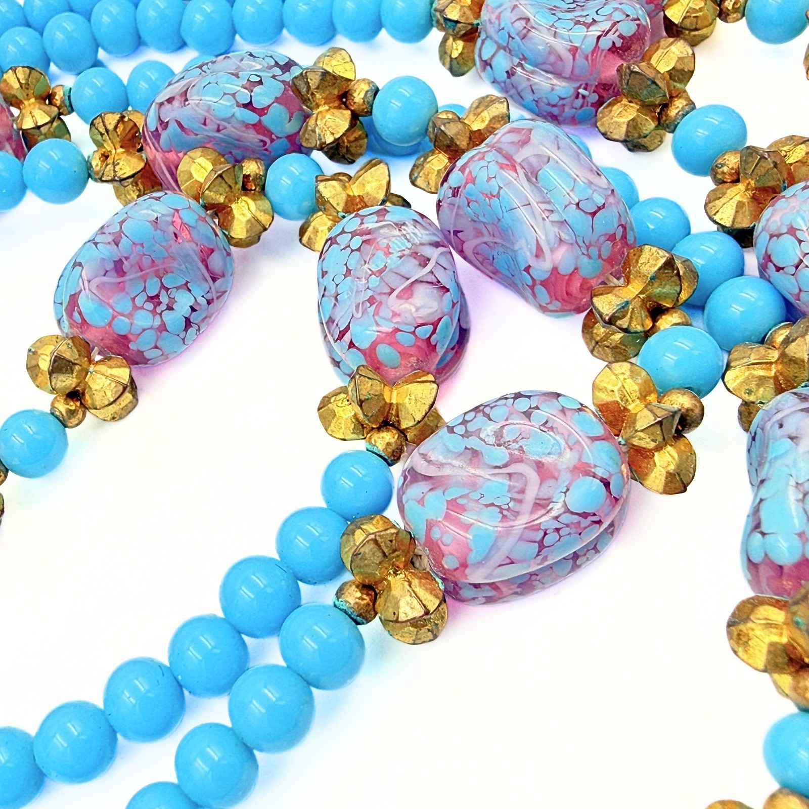 Vintage William De Lillo Couture Wedding Cake Glass Bead Sautoir Blue Necklace