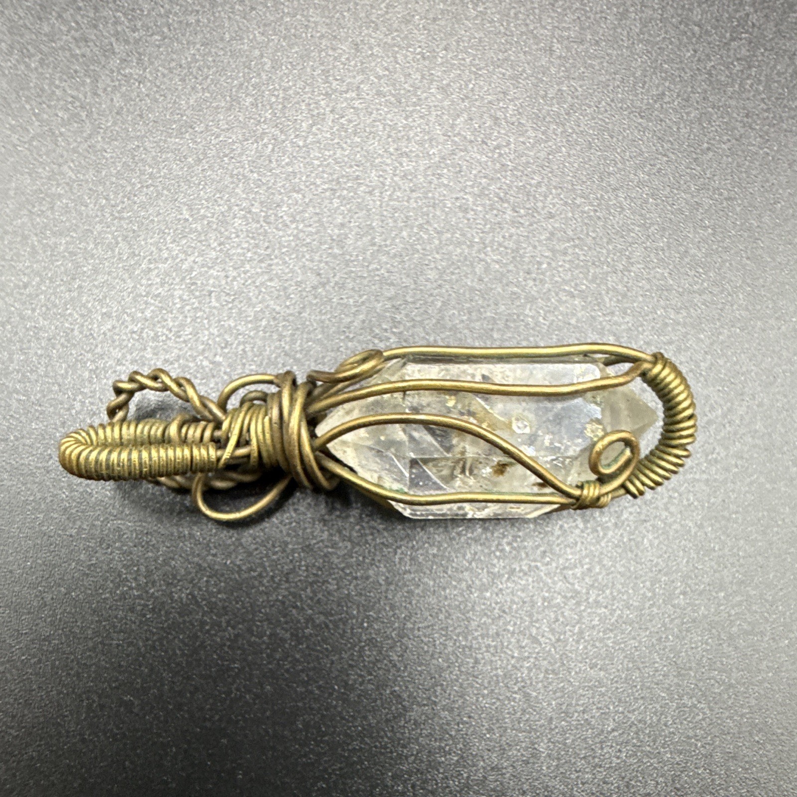 Herkimer Diamond Crystal Charm Pendant Gold Tone Copper.