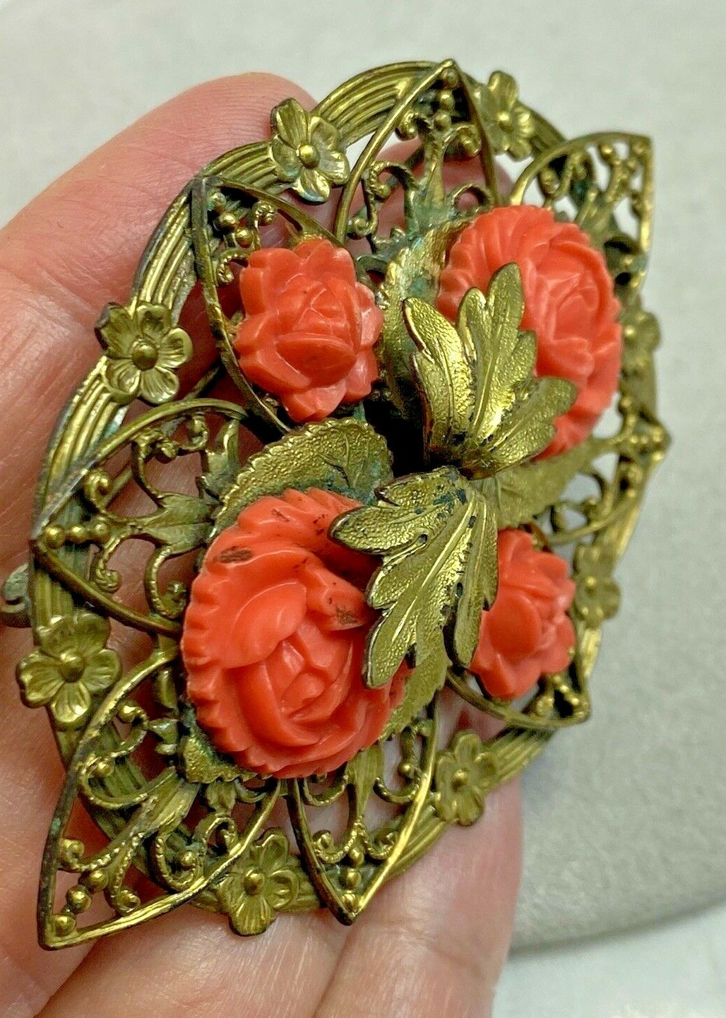 Vintage Filigree Brooch Estate Jewelry Pre-Owned Coral Rose XXL Die Struck