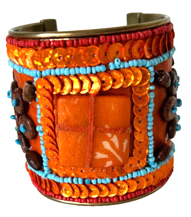 Artisan Boho Jewelry Set Orange Sequin Beaded Wide Cuff Flower Pendant Necklace