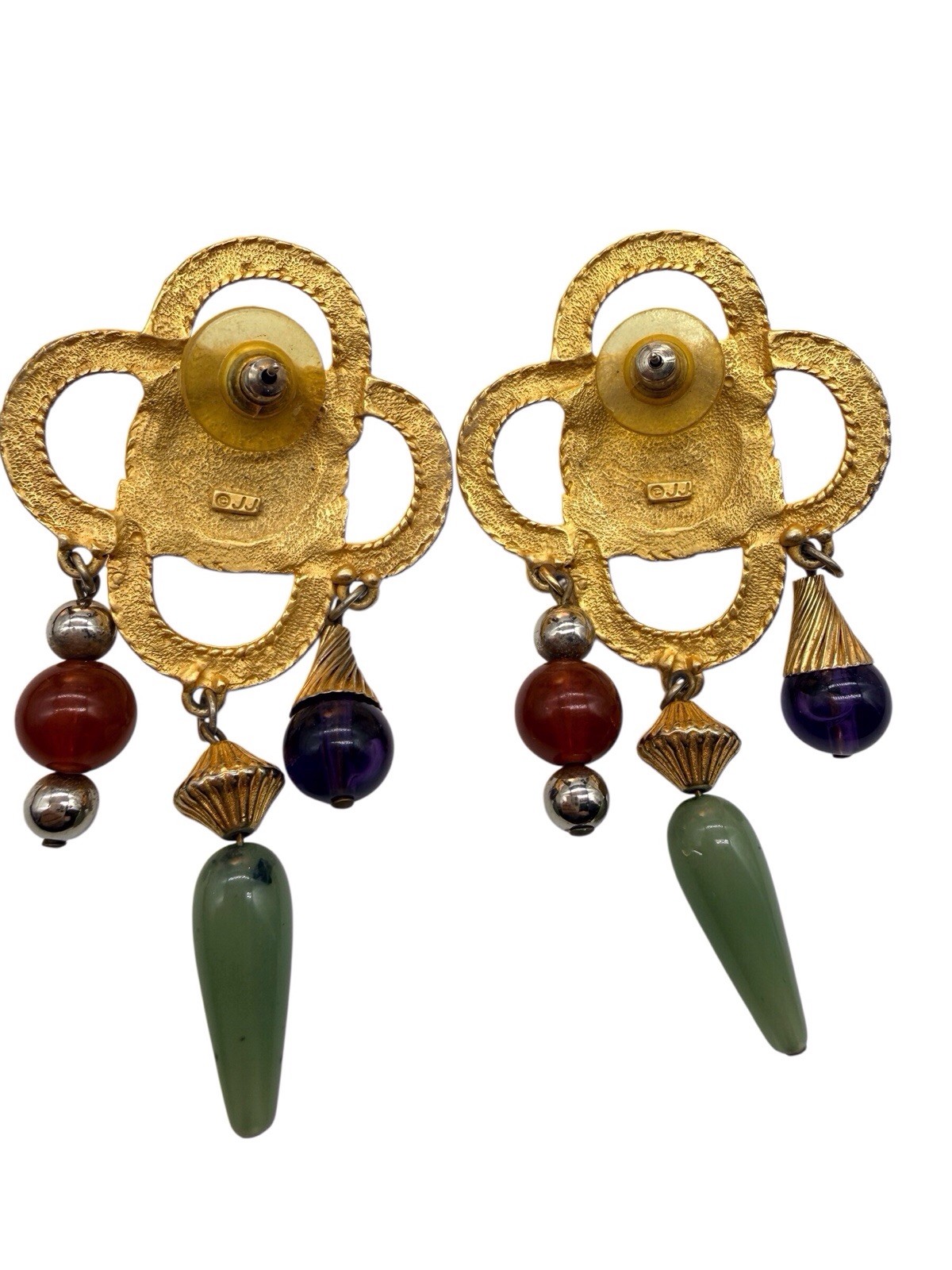 JJ Jonette Signed Earrings VTG 80s Large Etruscan Rev Faux Stone Dangles Gold 9
