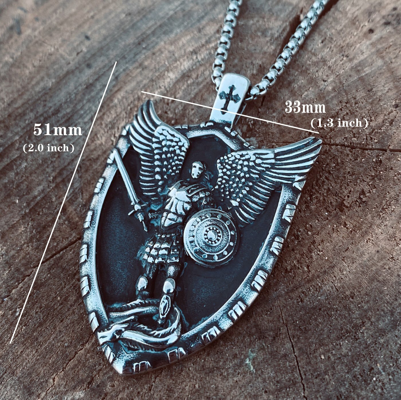 MENDEL Mens Christian Shield Cross Archangel Angel Michael Pendant Necklace Men