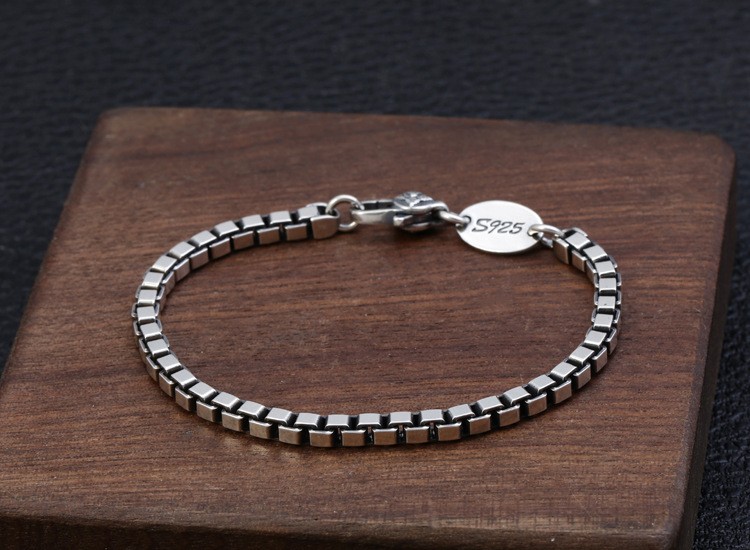Men’s 925 Sterling Silver Venetian Box Chain Bracelet 4mm Square Link 7.87in