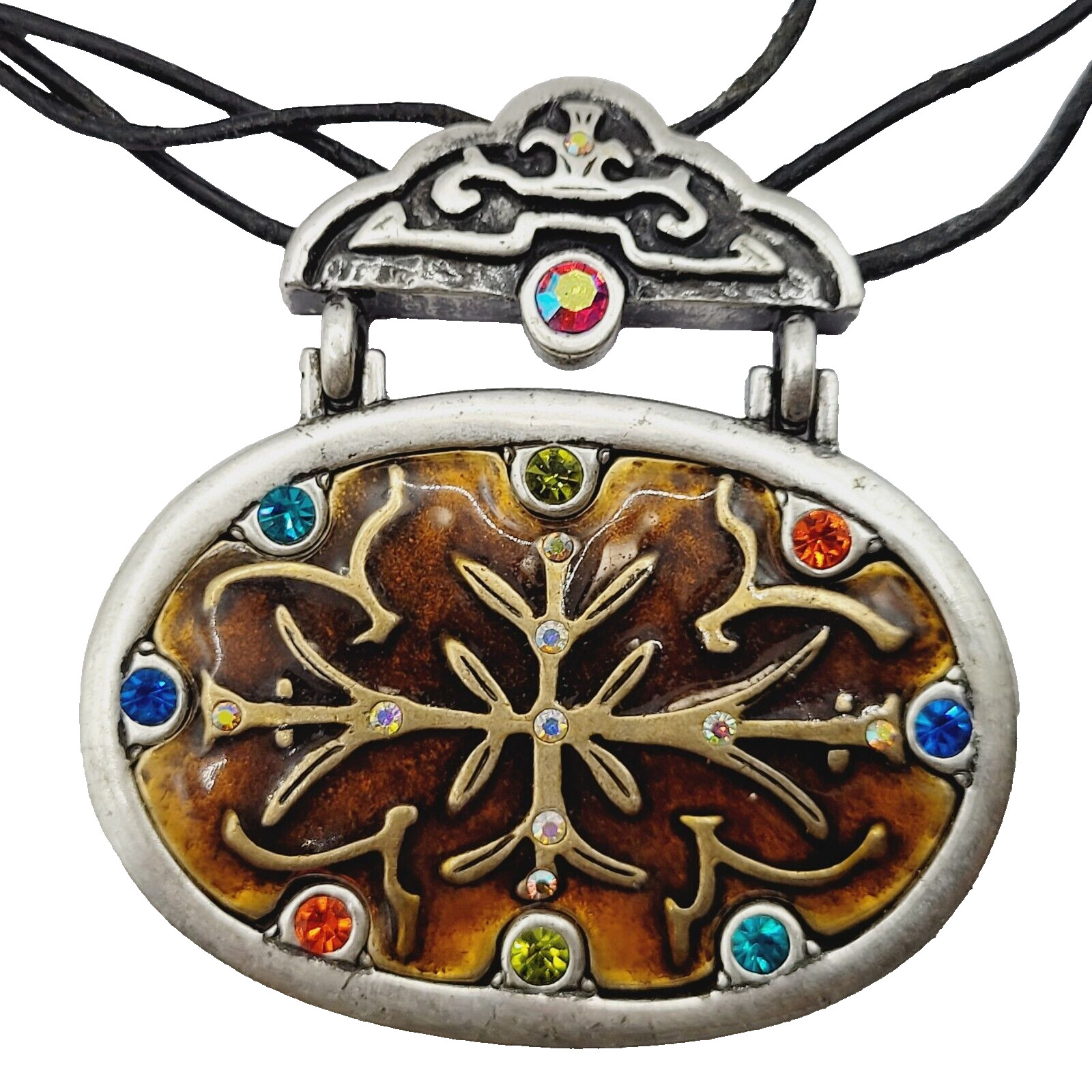 Chico’s Enamel and Rhinestone Pendant Necklace Triple Stand Cord Vintage Signed