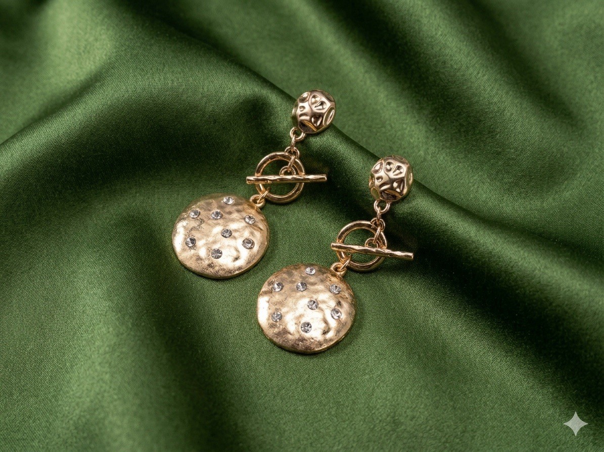 Coin Hammered Earrings Gold Museum Crystal Disc Toggle Statement VTG CZ Boho Art