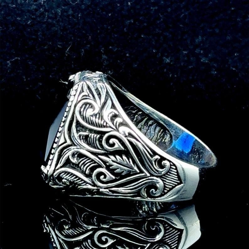925 Men Silver Handmade Engraved Blue Stone Ring