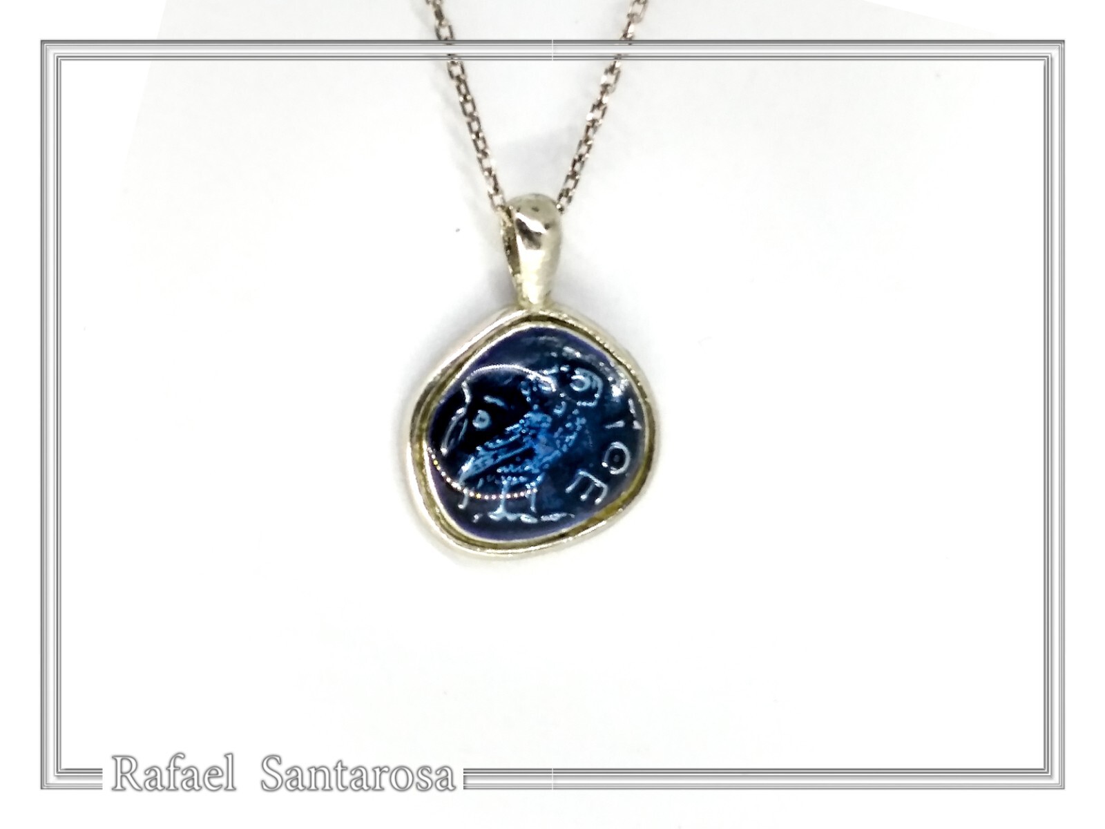 Owl coin pendant enamel oxidized silver Athena’s tetradrachm museum replica