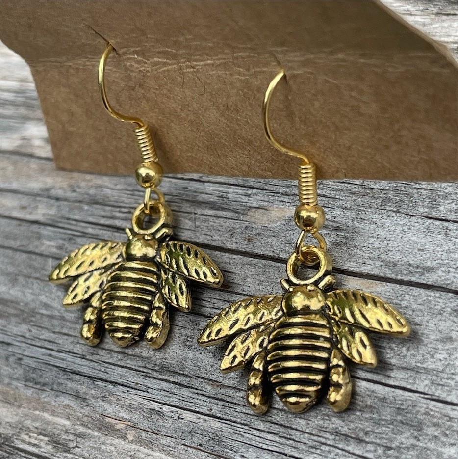 Gold Tone Metal Bee Dangle Drop Hook Earrings No Stone Animal & Insect Nature
