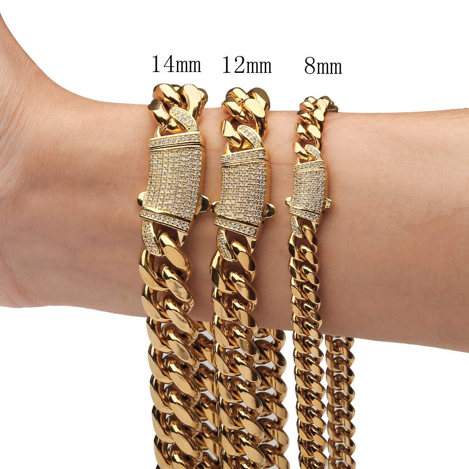 7″-40″ Miami Cuban Link Chain Necklace/Bracelet Stainless Steel CZ Clasp 6-14mm