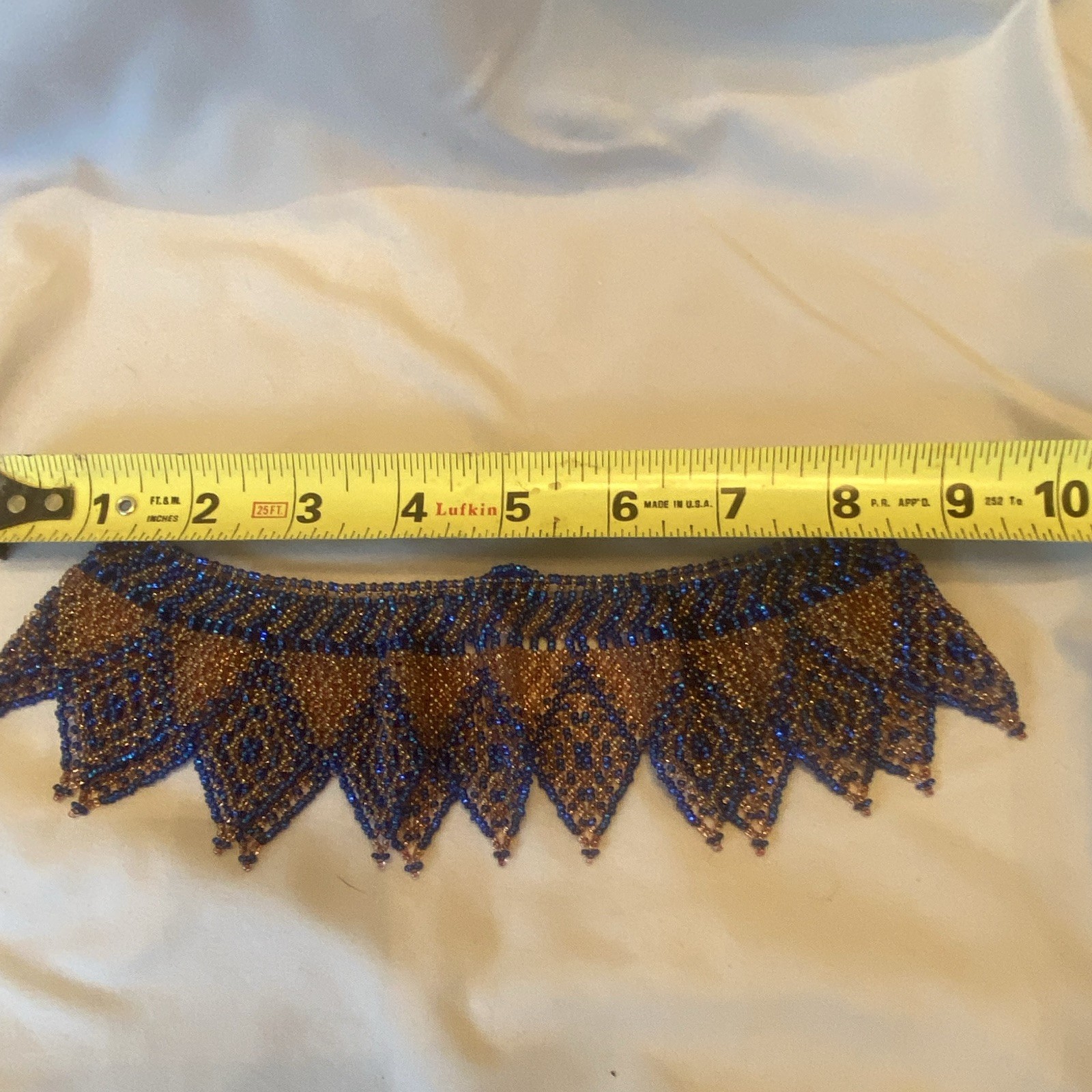Vintage Blue & Brown Glass Beaded Geometric Bib Choker Necklace Adjustable 10in