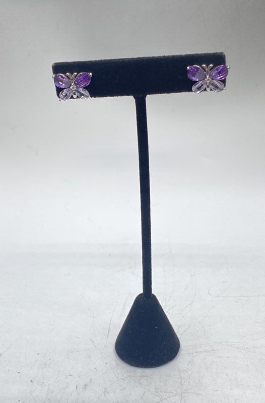 Sterling Silver 925 Purple Clear Crystal Butterfly Necklace Earrings Set 18″