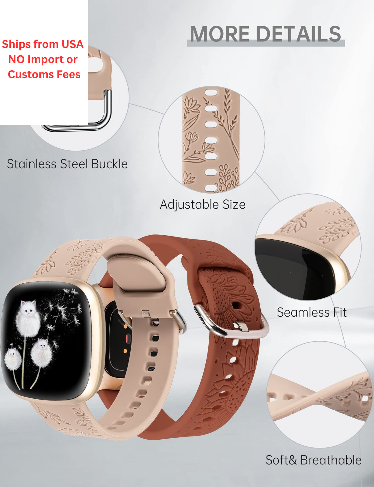 Minyee 2 Packs Floral Only for Versa 4/Versa 3/Sense 2/Sense, Walnut & Brown