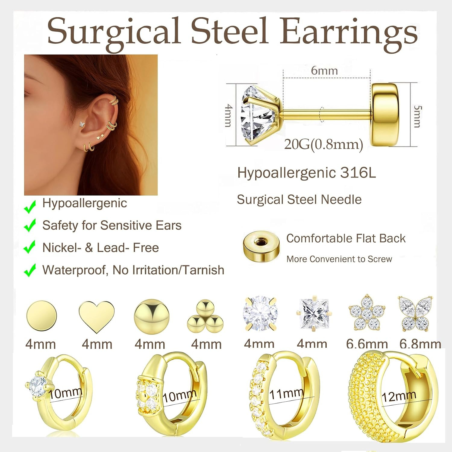 12 Pairs Hypoallergenic Surgical Steel Earrings for Sensitive Ears Waterproof Tr