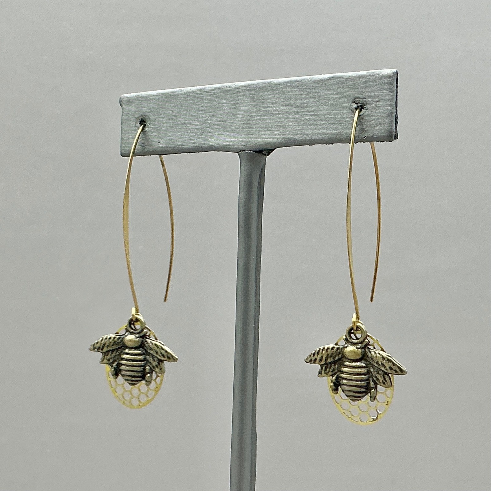 Earrings Women Gold Honey Bee Honeycomb Long Kidney Wire Dangle Drop 2.25 Inch