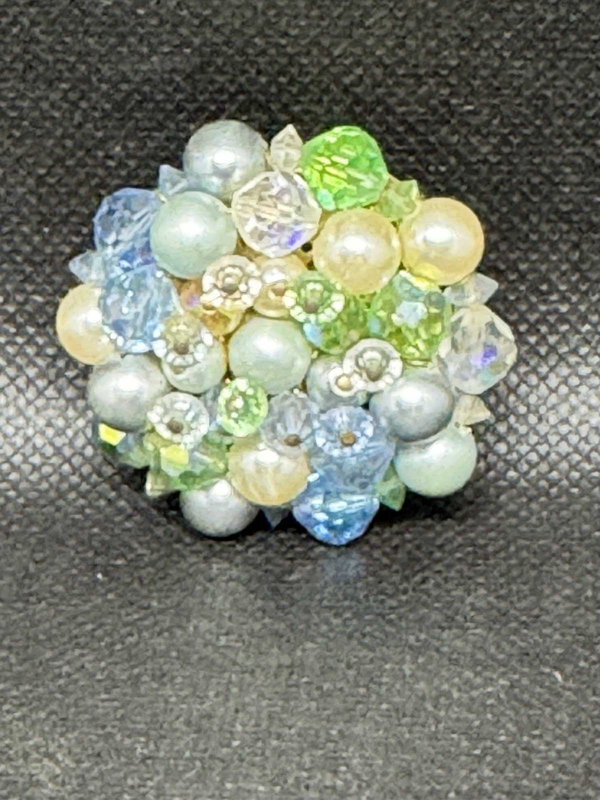 Vintage Pastel Beaded Cluster Brooch Faux Pearl Blue Green Crystal Spring Pin