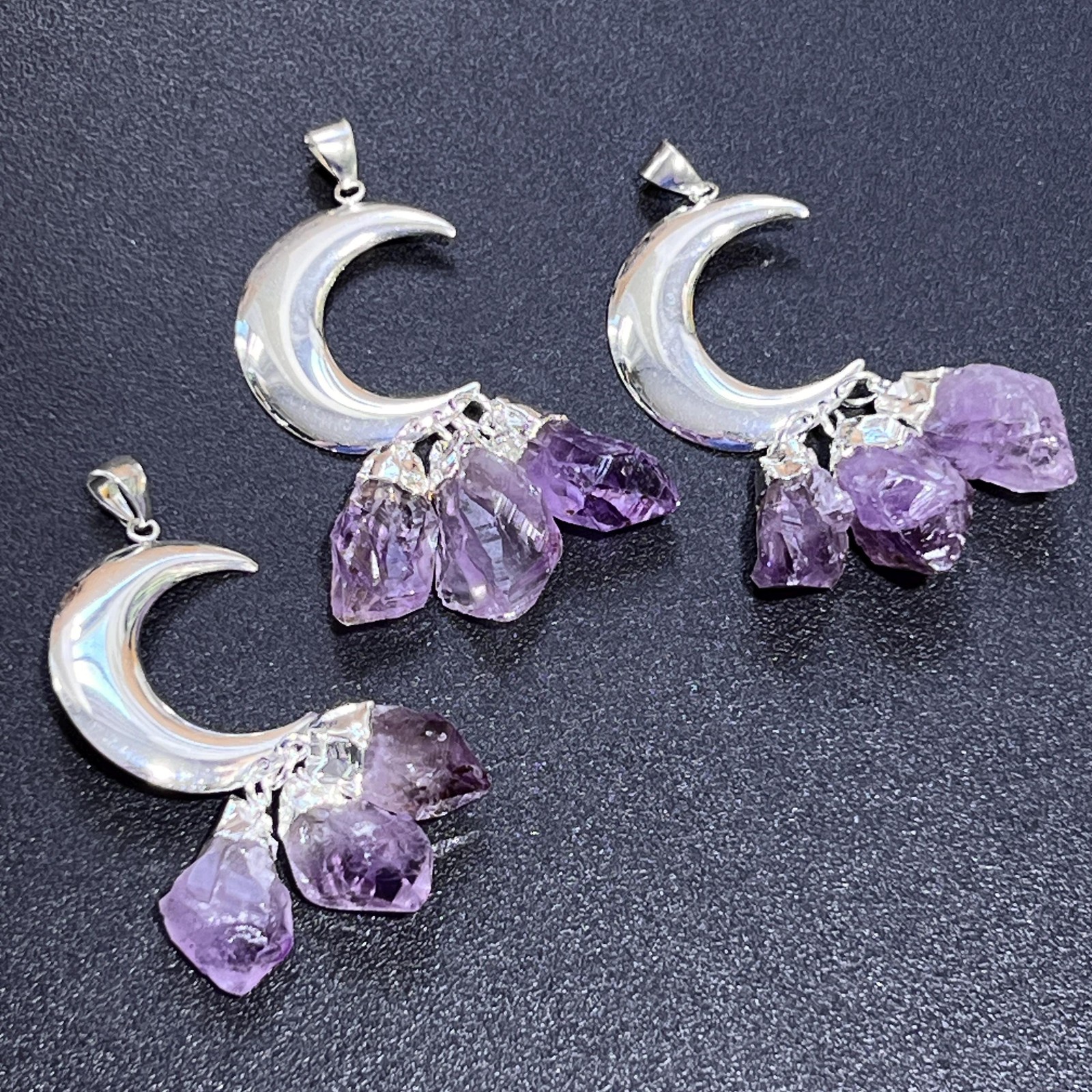 Amethyst Crystal Crescent Moon Pendant (Silver Plated)(3 Crystals) Brazil