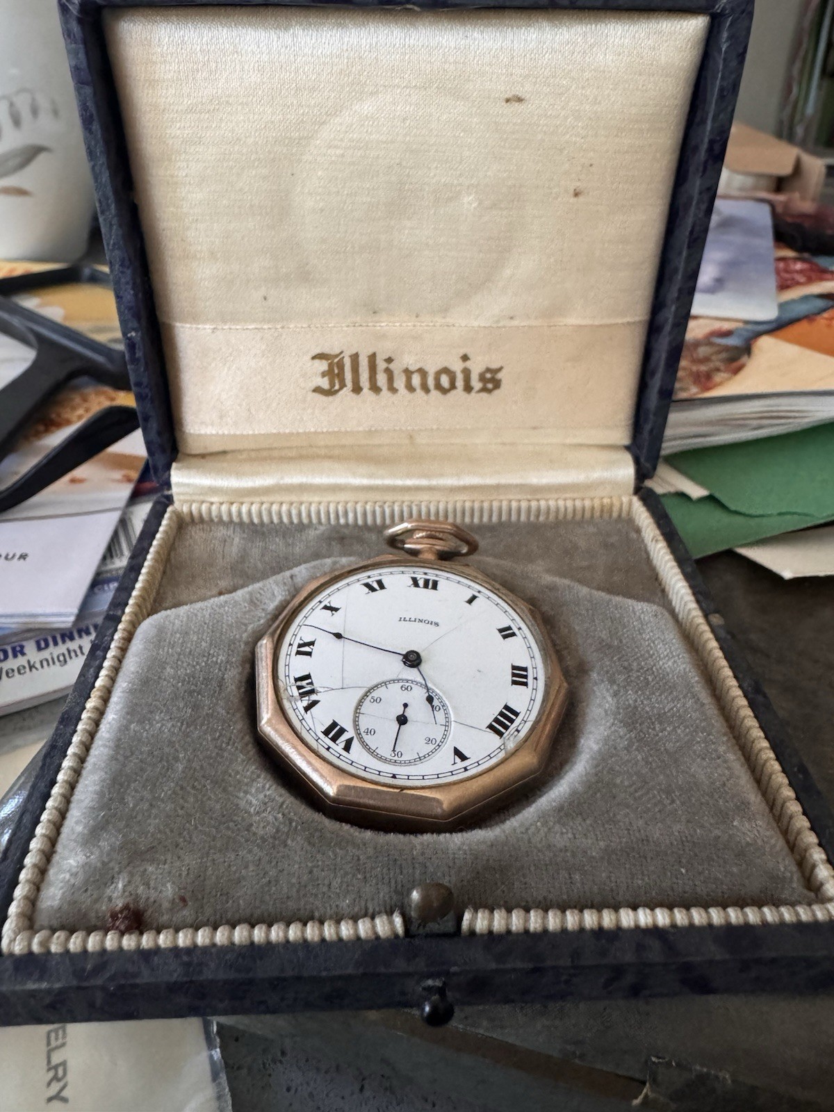 Illinois Yellow Gold Filled Open Face Pocket Watch Roman 17J Manual Box