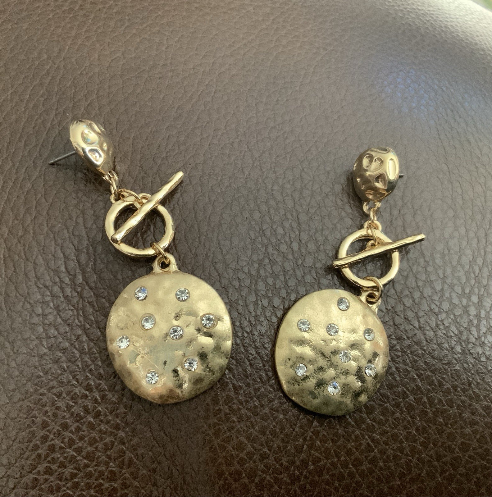Coin Hammered Earrings Gold Museum Crystal Disc Toggle Statement VTG CZ Boho Art