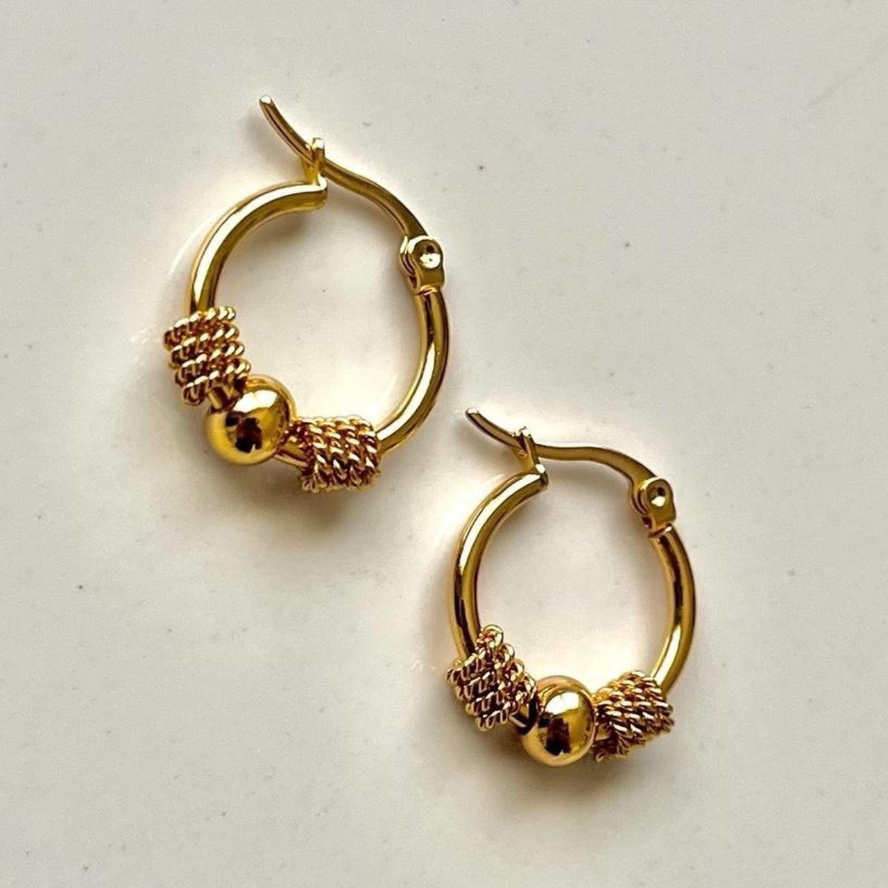 Two-Tone Gold Tone Stainless Steel Beaded Hoop Huggie Earrings Hinged Closure