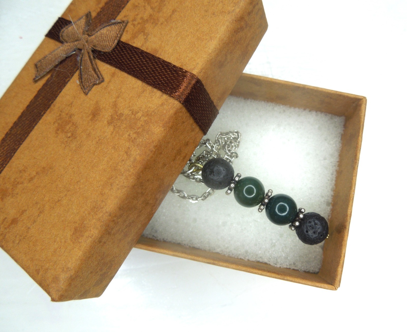 Black Gemstone Pendant Necklace Sterling Modern Style Lava stone Moss Agate