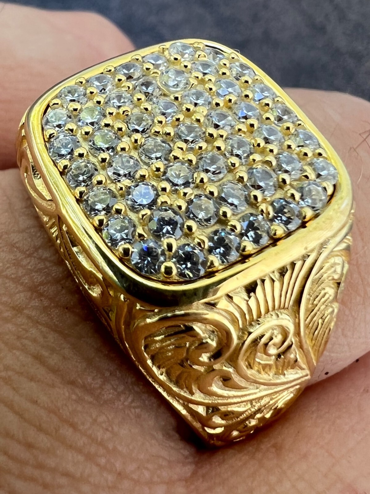 Mens Real Solid 925 14k Gold Plated Iced CZ Ring Hip Hop Size 7 8 9 10 11 12 13