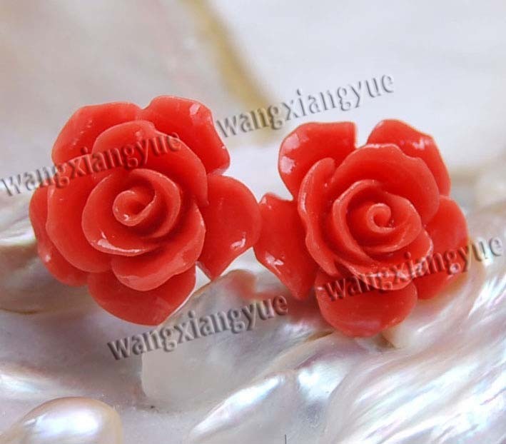 Wholesale 15mm Sea Coral Gems Hand Carved Flower Beads Silver Stud Earrings AAA