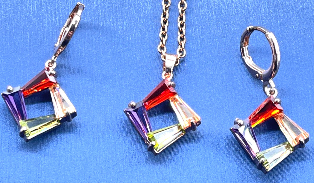 Necklace/Earrings Rose Gold Tone Multi-Color Crystal Bars 18″ Cable Chain Ear 1″