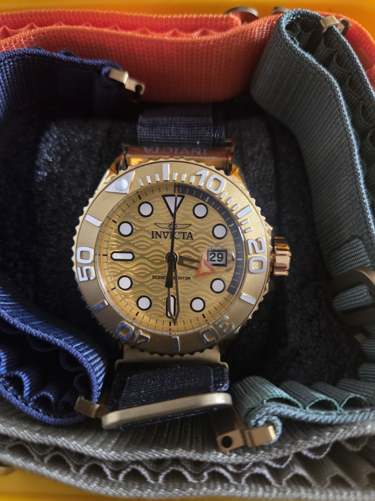 Invicta Ocean Predator Quartz Diver Watch Gold Tone Date Black NATO w/ Box