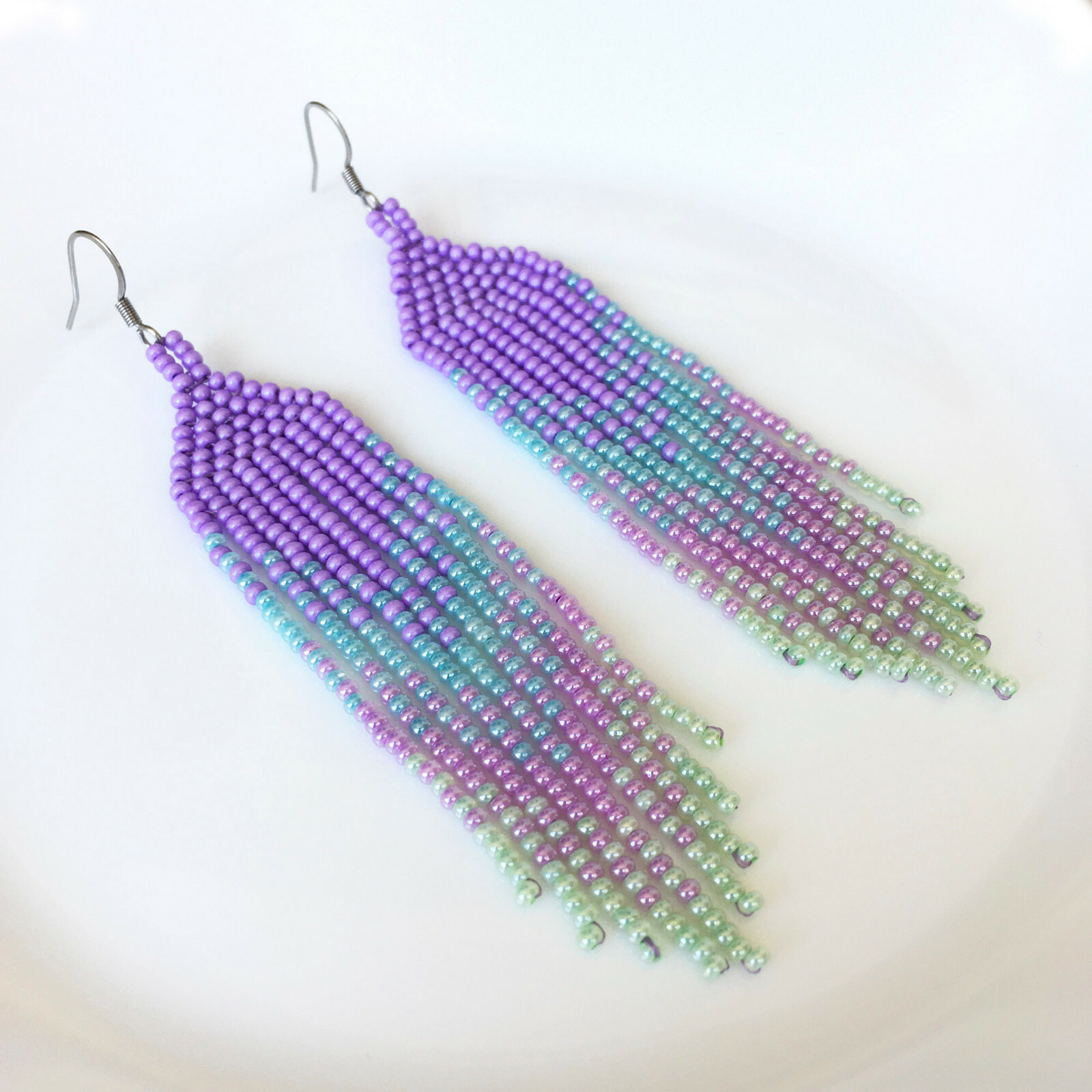 Lavender blue gradient seed bead earrings, Lilac waterfall beaded earrings