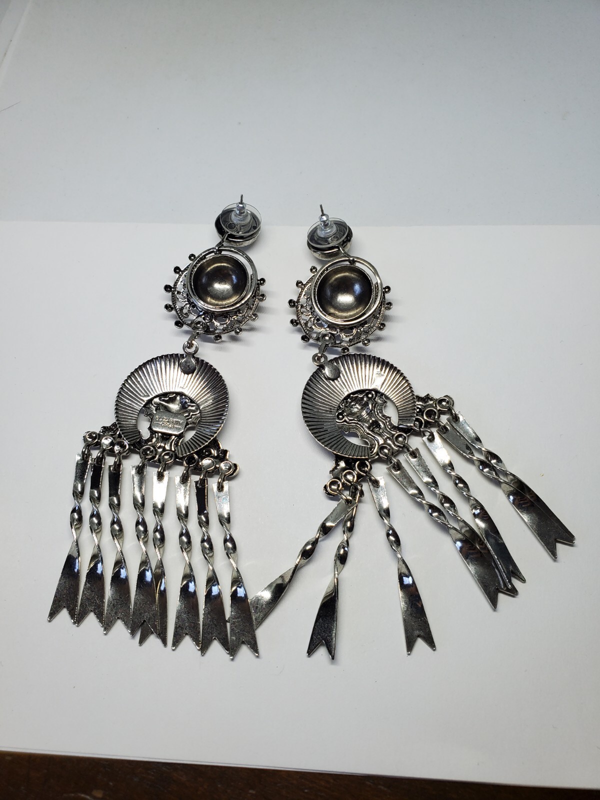 Elizabeth Cole Huge Silver Tone Ornate Statement Dangle Earrings