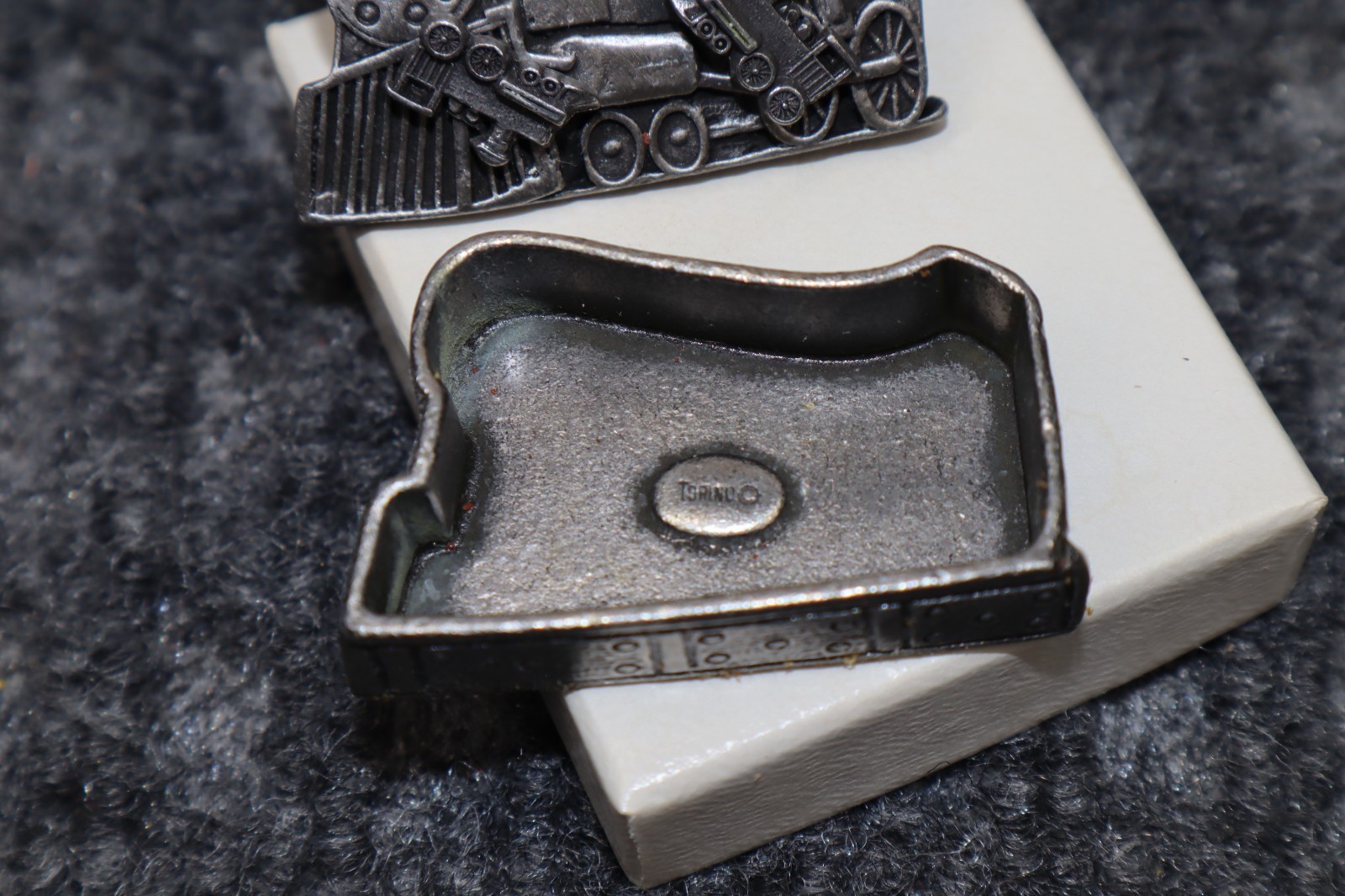 Vintage Torino Pewter Train Engine 3 in 1 Broach Earrings Necklace Trinket Box