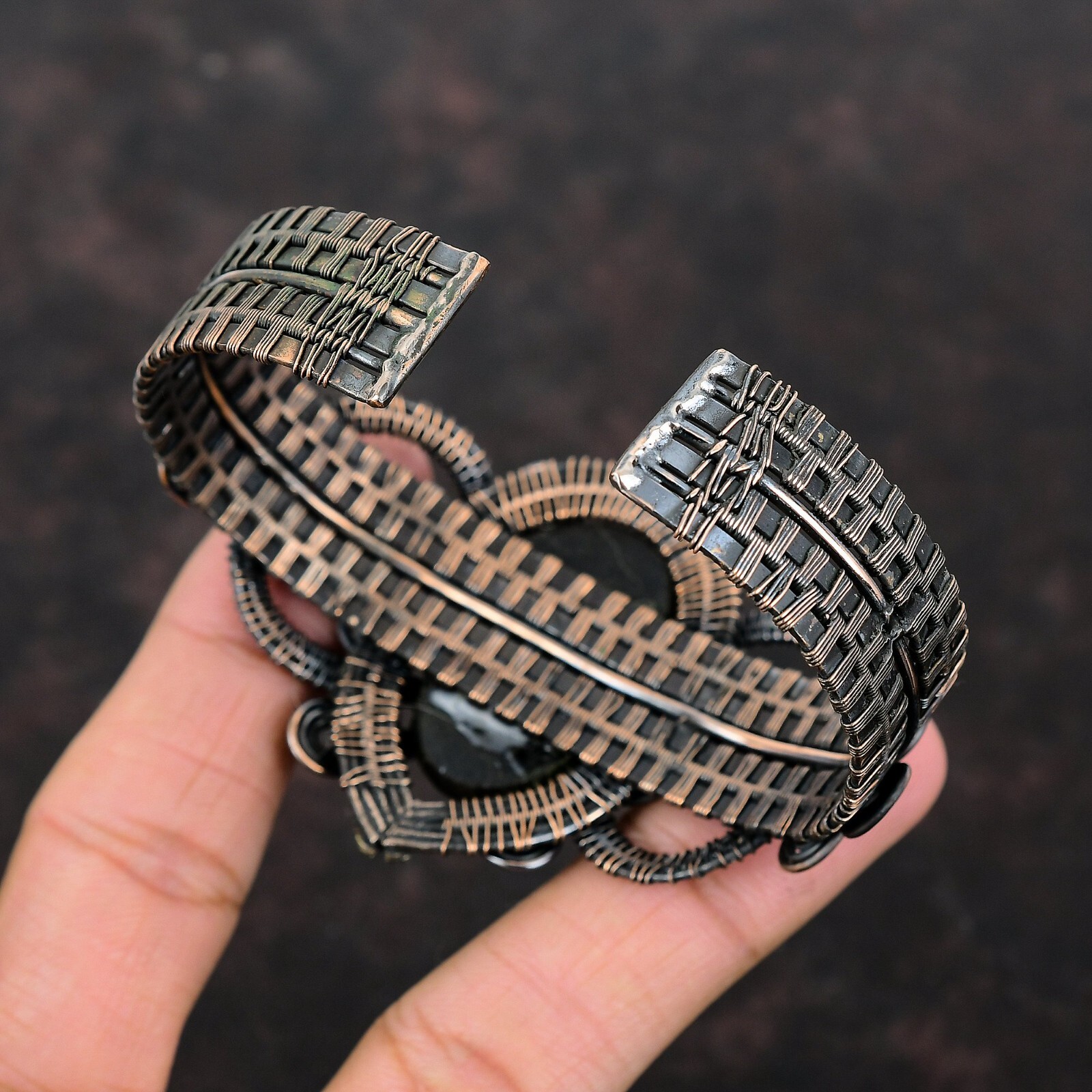 Black Tourmaline Rough Wire Wrapped Adjustable Cuff Handcrafted Copper Ethnic