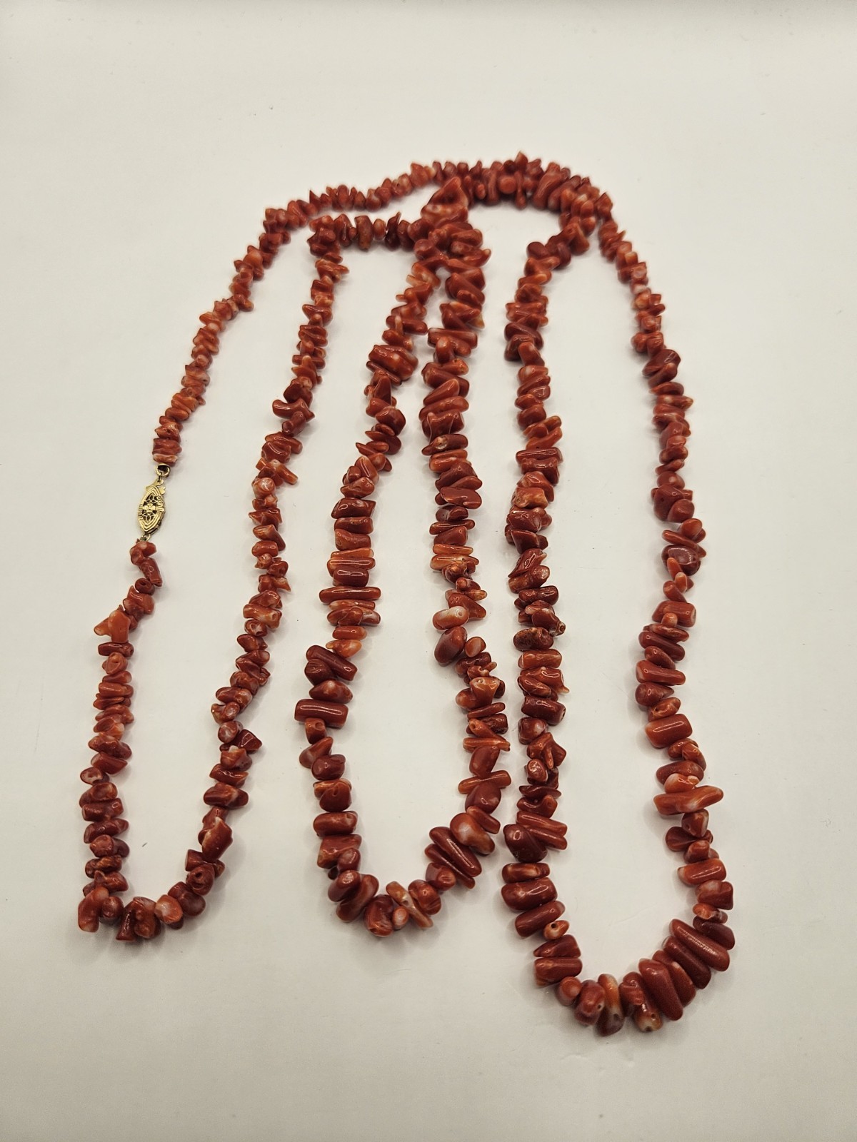 14K Gold Natural Red Coral 60″ Long 114g Multi Strand Necklace Runway Statement