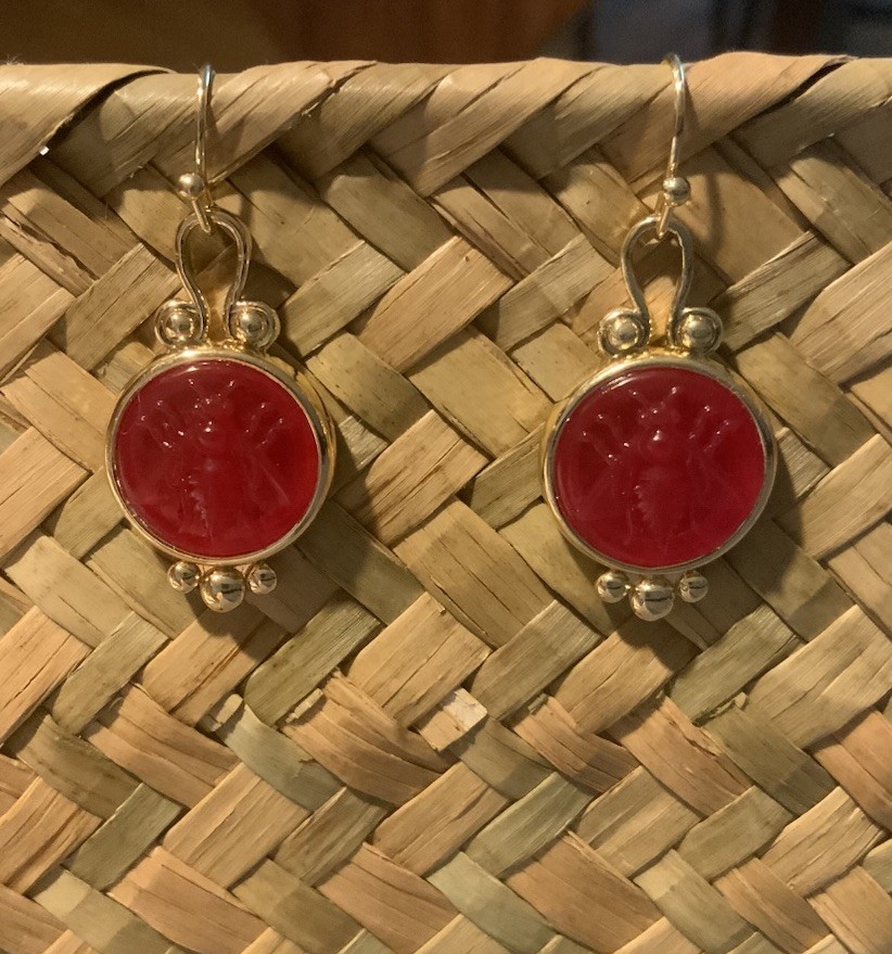 Museum Intaglio Bee Earrings Gold VTG Insect Bug Antique Boho Cottagecore Carved