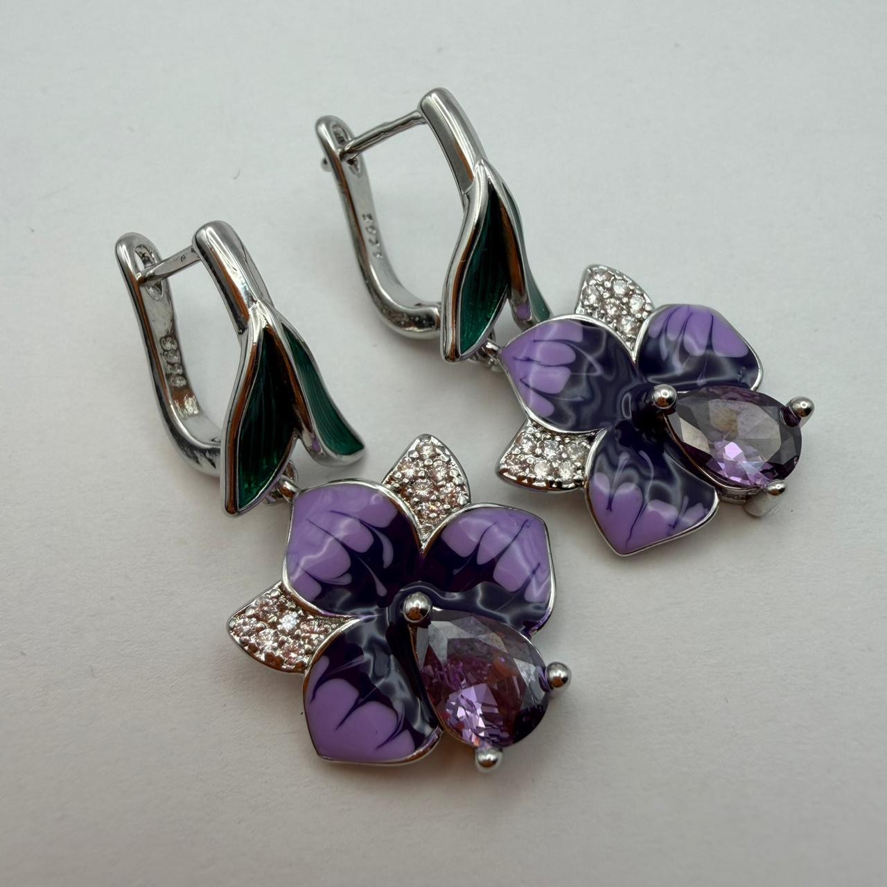 925 Sterling Silver Purple Flower Crystal Dangle Drop Earrings Women Jewelry