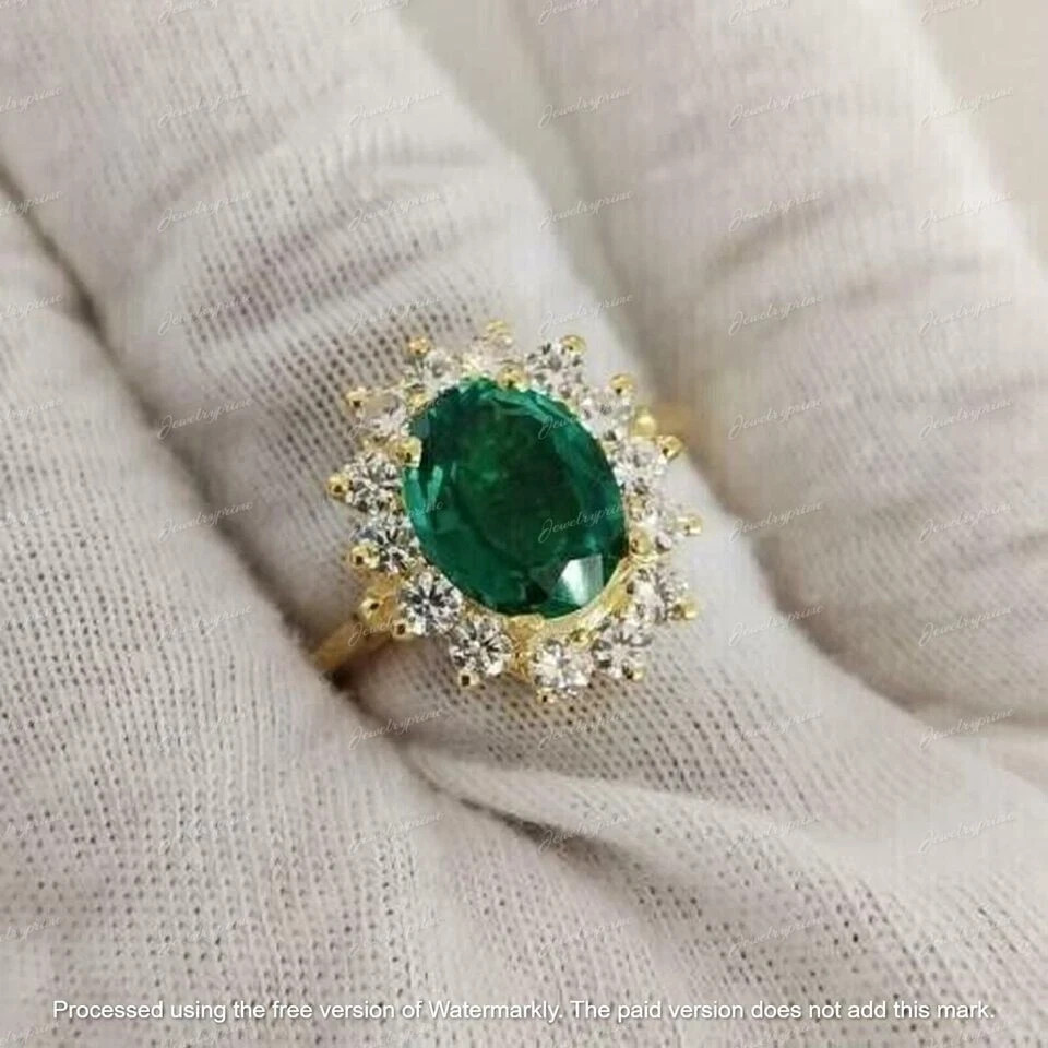 2.30Ct Oval Cut Green Emerald Lab-Created Engagement Ring 14k Yellow Gold Plated