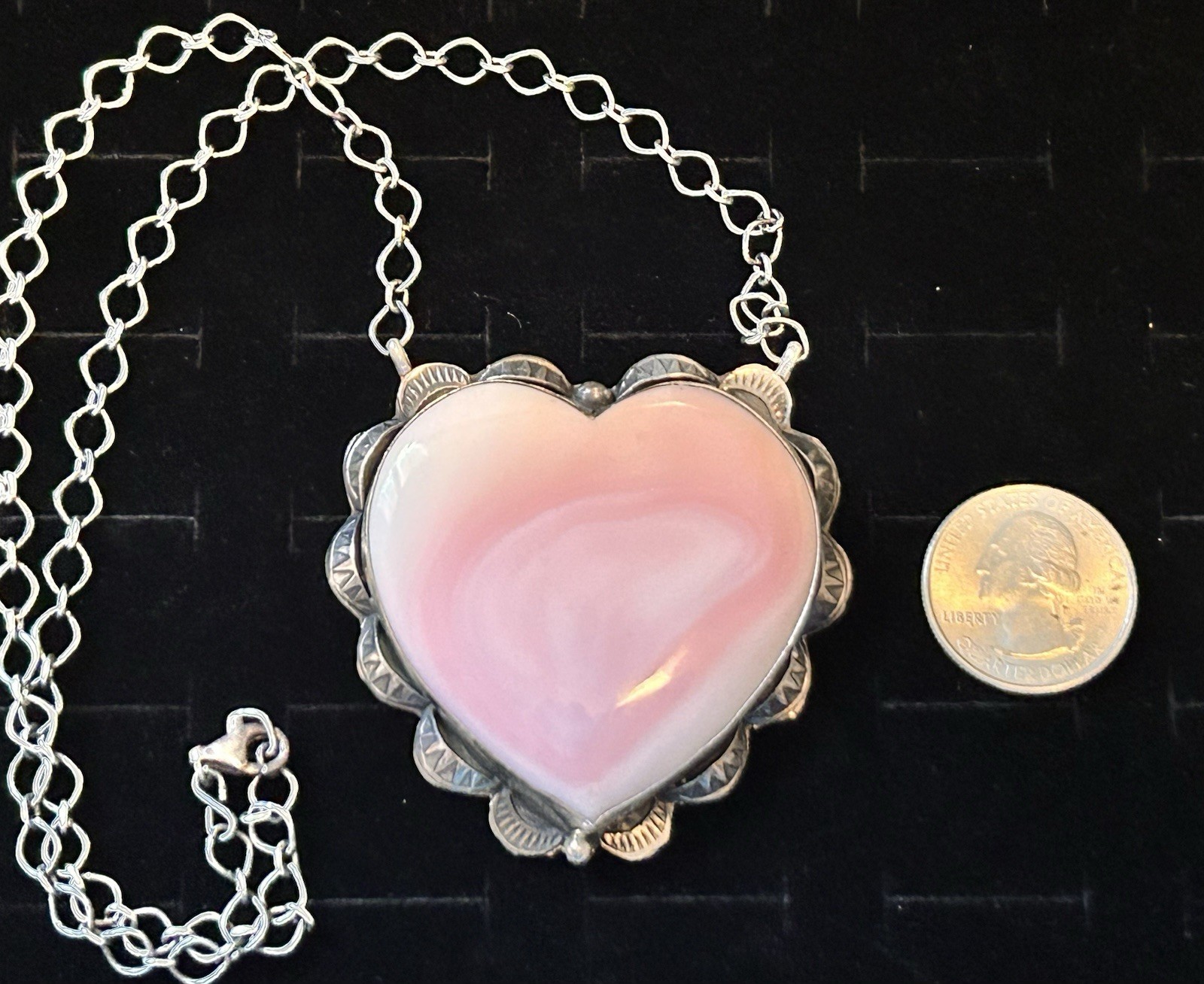 Navajo Handmade Sterling Silver & Pink Conch Heart Necklace by Artist Tia Long